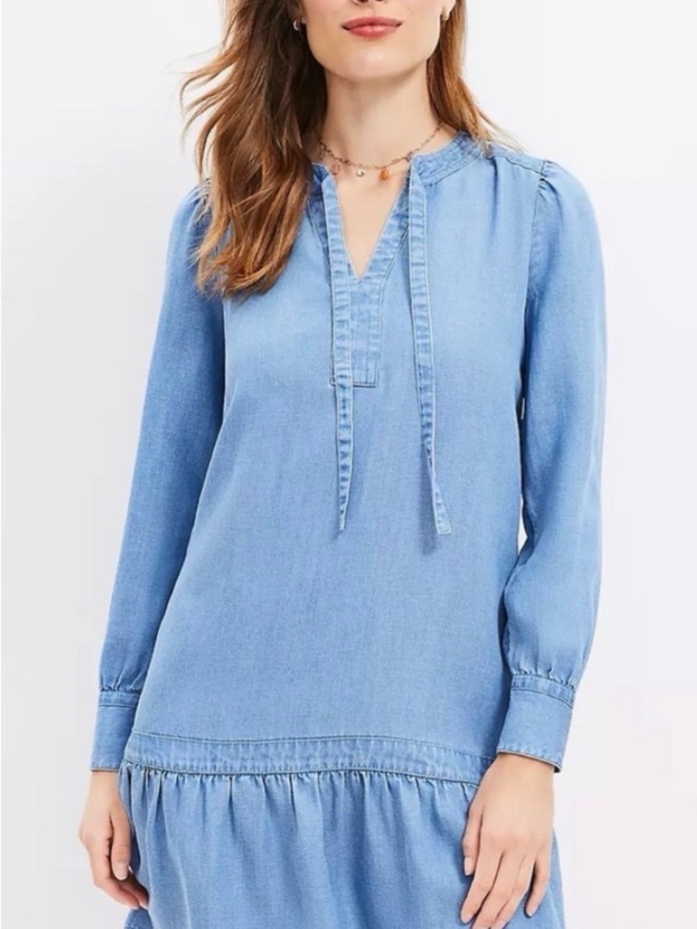LOFT Light Blue Tie-Neck Chambray Dress